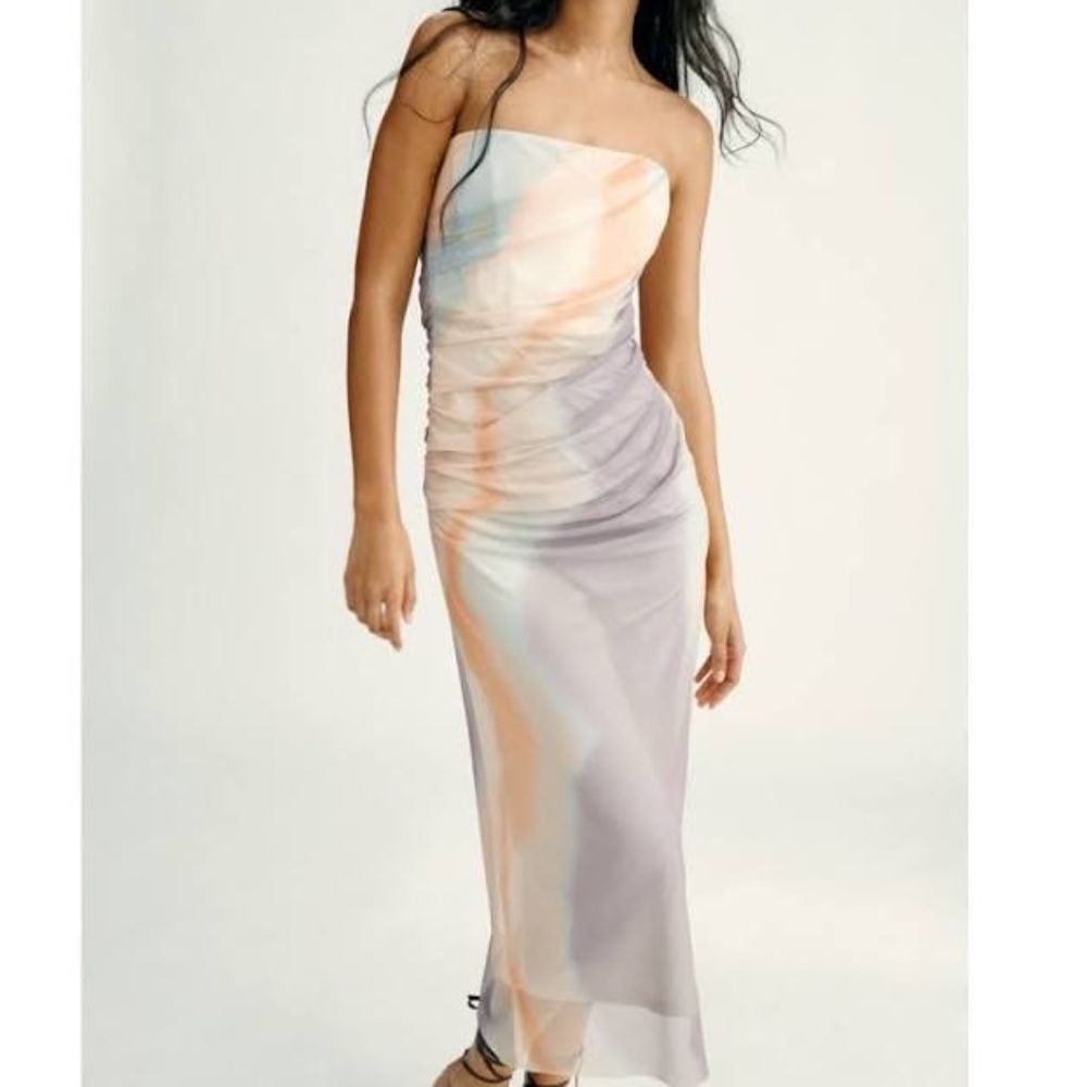 Zara Pastel Tie Dye Tulle Ruched Strapless Midi Dress Sz S